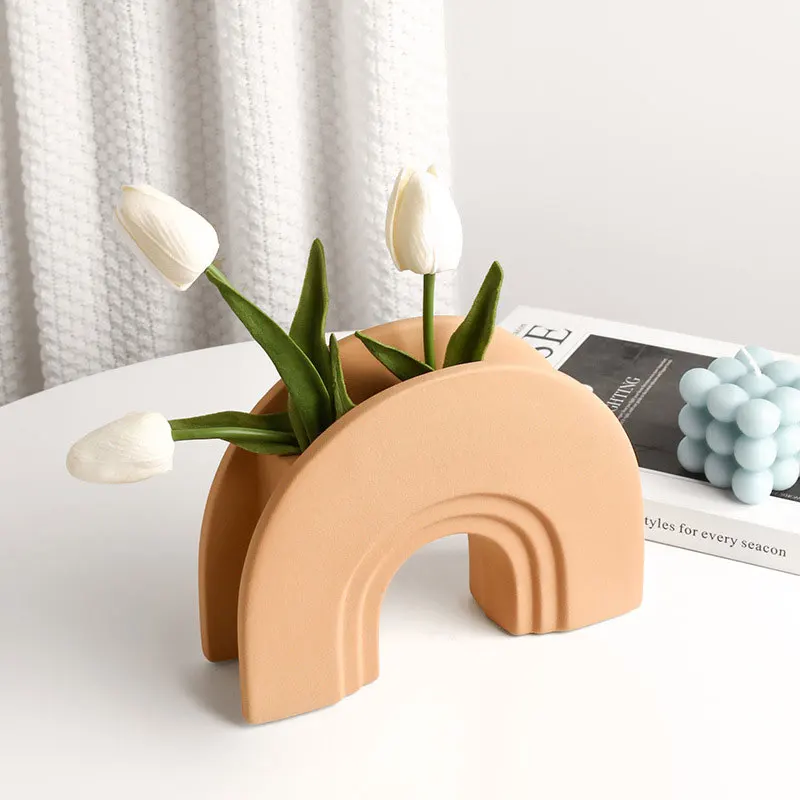 Morandi Flower Vase Creative Modern Geometry Arch Shaped Ceramic Vase for Dry Flowers Centerpieces Table Living Room Decoration