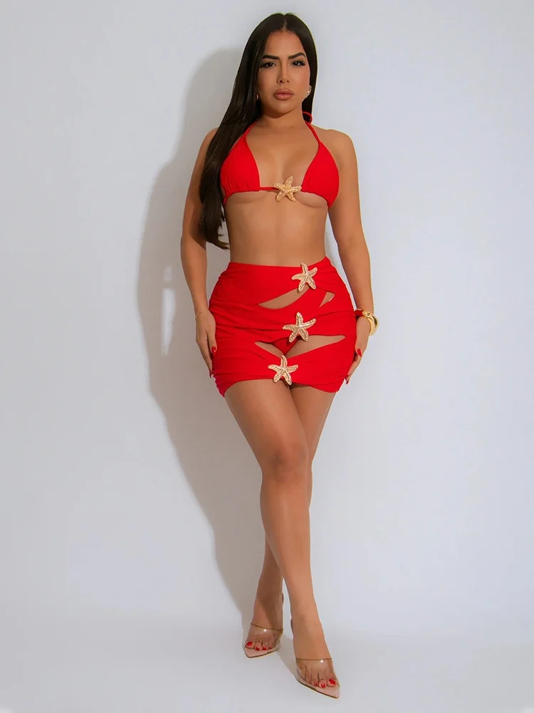 

Sister Star Women's Suit Seaside Sexy Swimsuit Bikini Summer Lace-up Model Half Skirt Nightclub Party Vacation Three Pieces