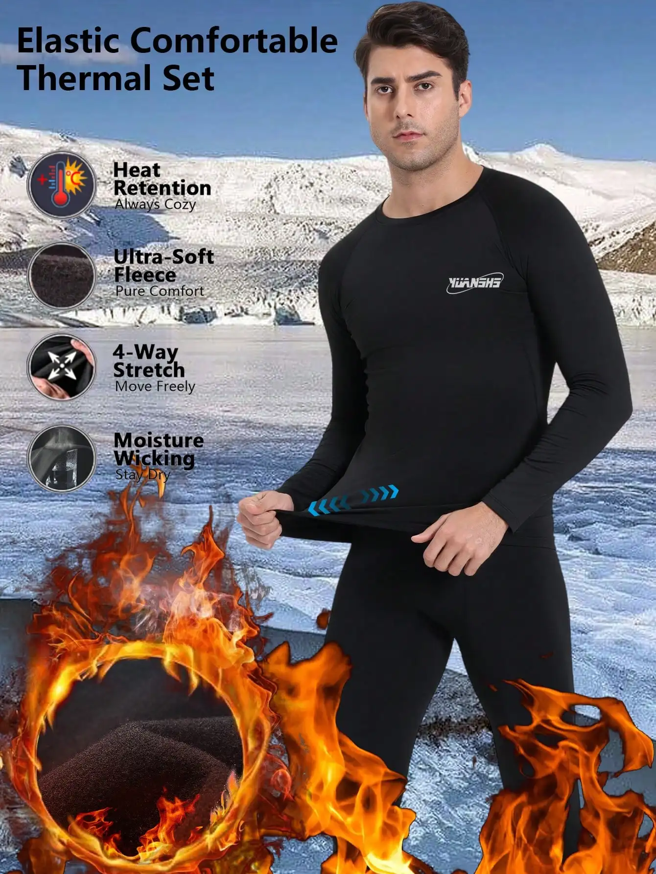 

Men's Elastic Thermal Underwear Set - Ultra-Soft Fleece, 4-Way Stretch, Moisture Wicking