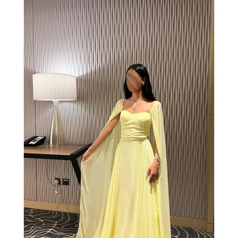 Fimora Yellow Chiffon Long Prom Gown customized A-line Sweetheart Women Party Dress Floor Length Pleated Backless Evening Gowns