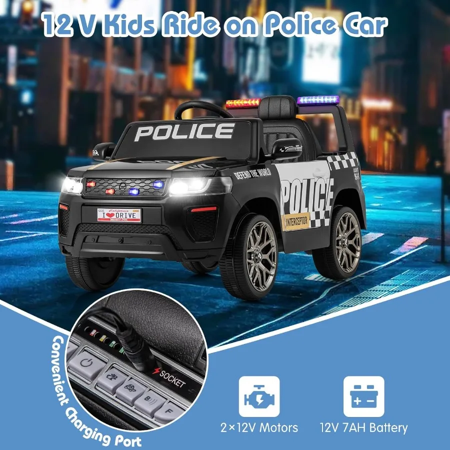 Police Car Ride on 12V Battery Powered Toy Cop Cars w/Remote Control LED Flashing Lights Music Horn Siren Spring Suspension Ele