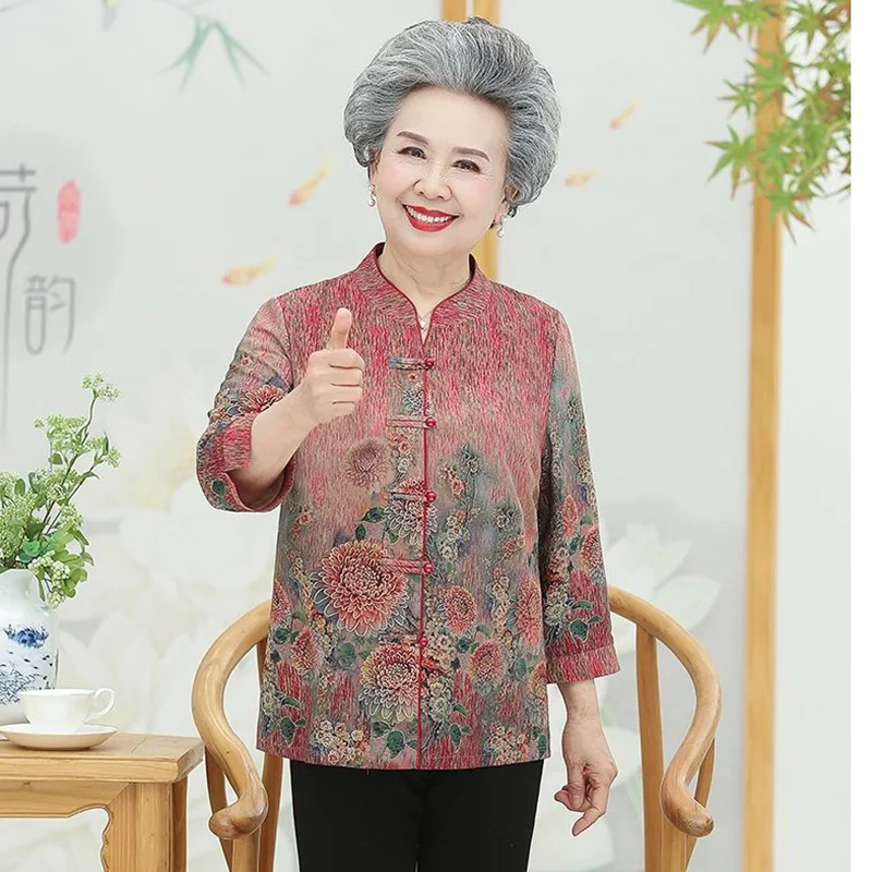 6XL Middle Age Women Blouses Spring Summer 3/4 Sleeve Casual Shirt Mother Tops Floral Print Grandma Blusas Cardigan Coat Femme