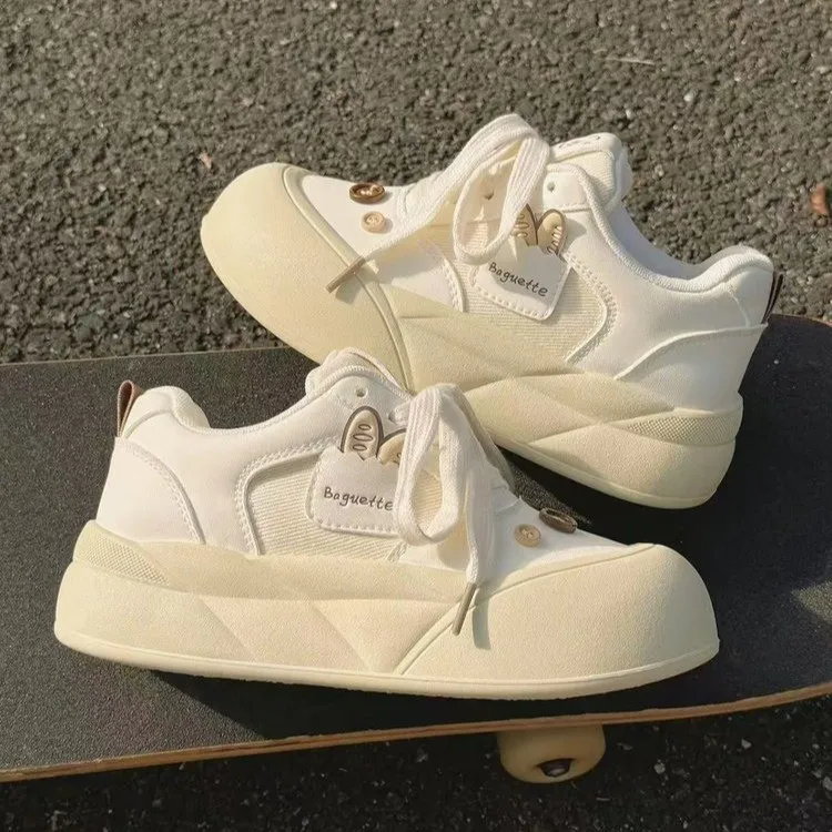 Mellard Thick-Soled Sporty White Sneakers for Women 2026 New Versatile Niche Cute Big-Head Bread Sneakers