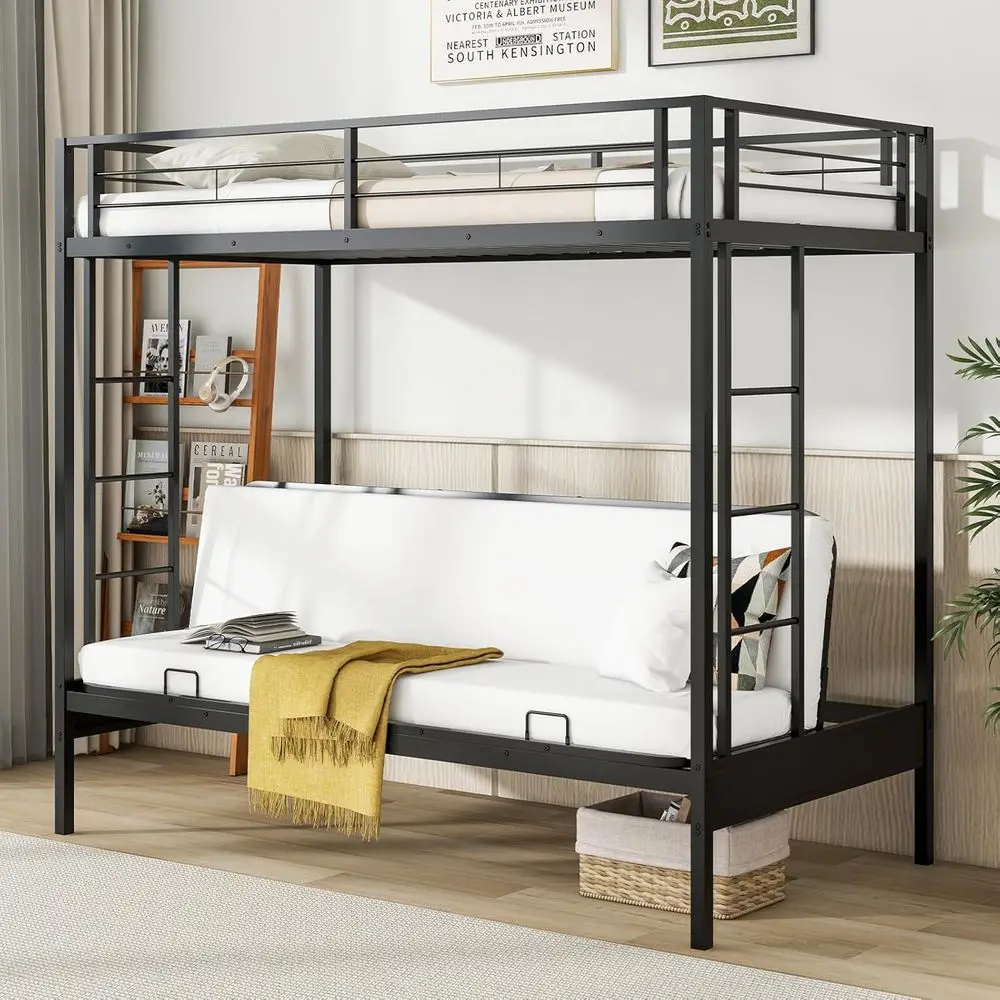 

Twin Metal Bunk Bed with 10 Guardrails, Double Ladders, Convertible to Couch, Suitable for Kids, Teens, Adults, Black