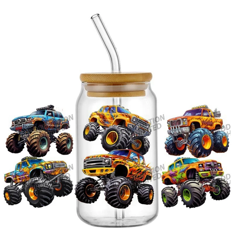 Monster Truck design UV DTF Wraps Transfer Sticker Selfadhesive Waterproof High Quality For 16OZ Libbey Glass Can home decoratio - view 5