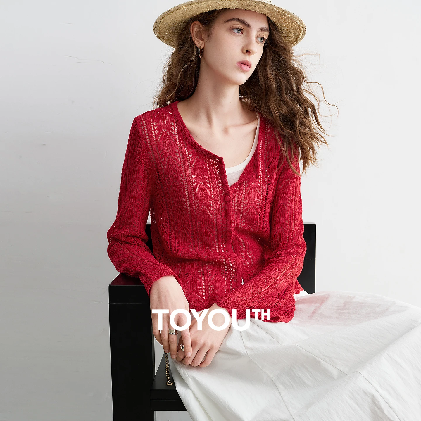 

TOYOUTH Women Lyocell Linen Knit Top 2026 Spring New Hollow-Out Vintage Romantic Trumpet Sleeve Blouse