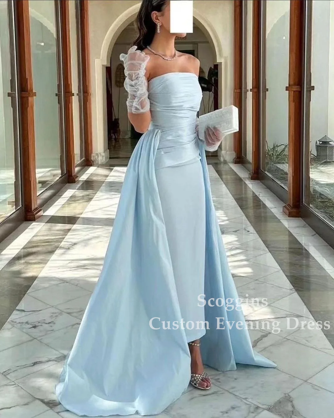 Formal Occasion Dresses Sky Blue Satin Long Prom Dress One Shoulder Saudi Arabia Train Sleeveless Floor Length Evening Dress