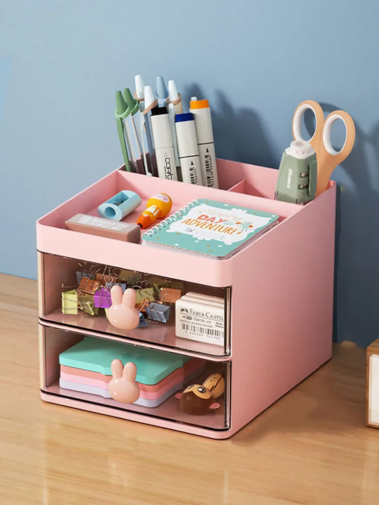 1PC 2-layer Cartoon Creative Pen Holder Transparent Drawer Rabbit Storage Box Children's Girls Student Office Desktop