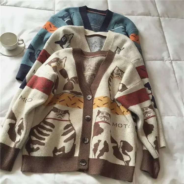 Fall 2024 Women's Sweater Clothing Fashion Cat Animal Cardigan Woman Oversized Tops Korean Knit Sweaters Coat Pull Femme