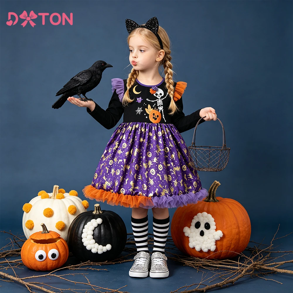 DXTON Baby Girls Halloween Princess Dresses Pumpkin Skull Print Kids Costumes Cotton Mesh Children Festival Cosplay Clothing