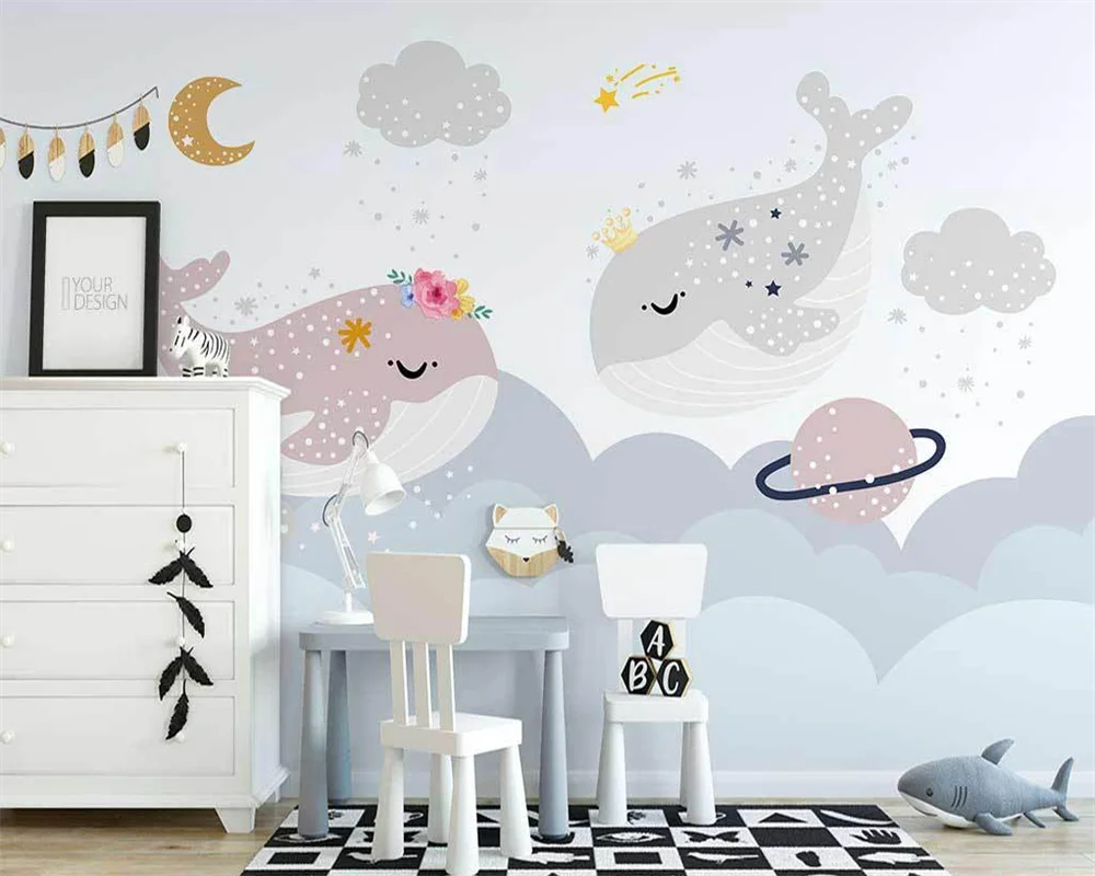 beibehang Customized papel de parede new Nordic hand-painted cloud whale cartoon planet cloud children's room wallpaper