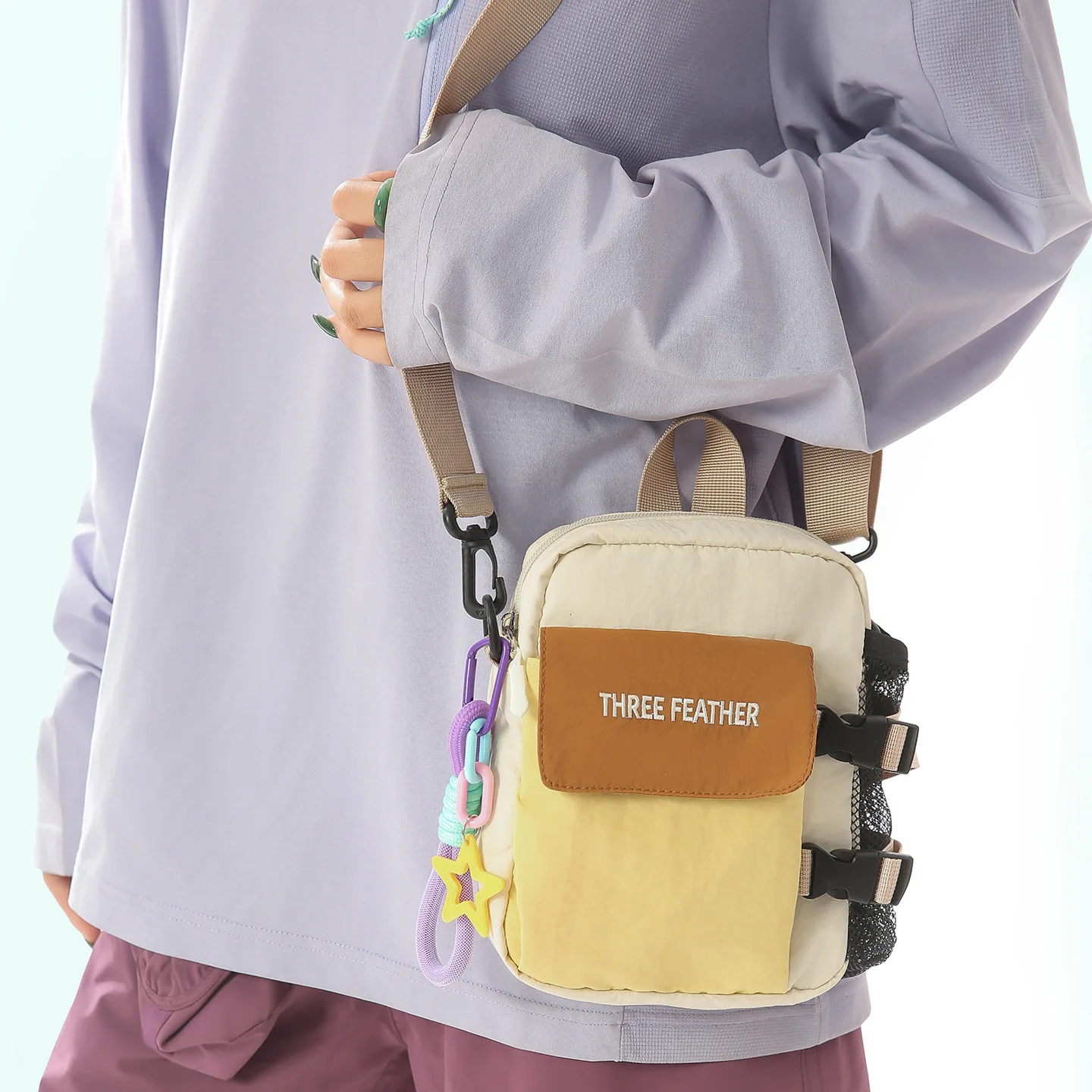 Women's Lightweight Nylon Sling Bag with Color Block Design and Detachable Charm Casual Crossbody Shoulder Purse for Outings
