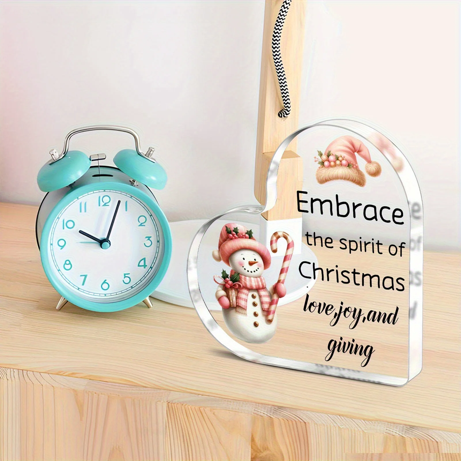 Embrace The Spirit Of Christmas Heart‑Shaped Acrylic Plaque, Pink Snowman Winter Table Decor