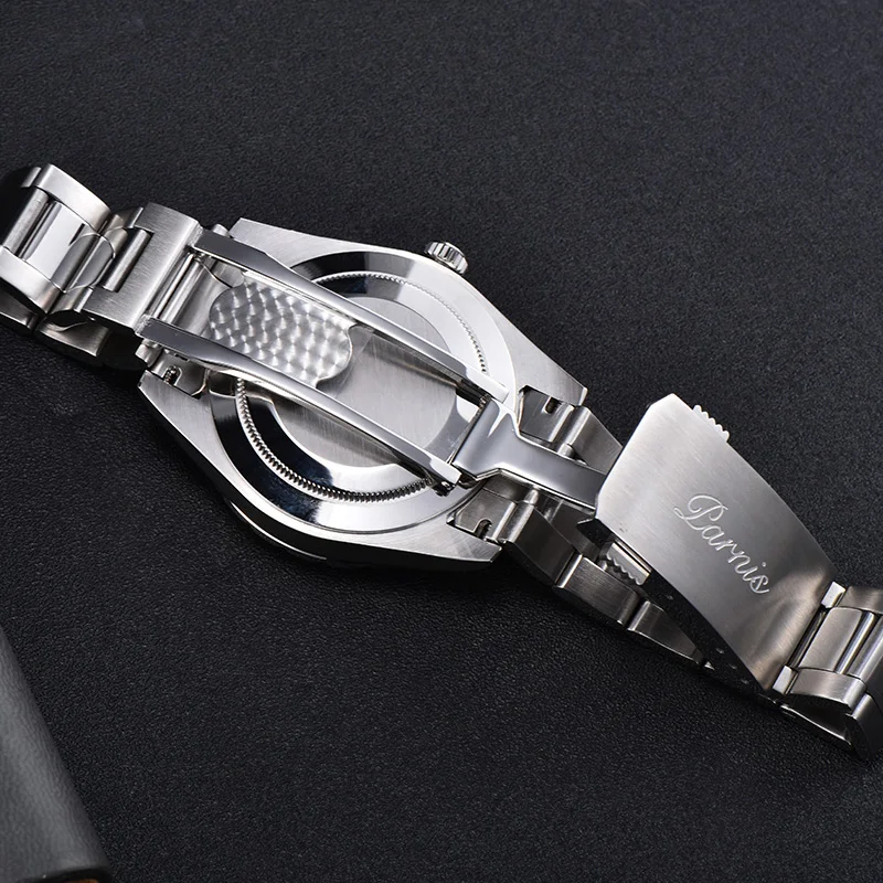 39.5mm Parnis Automatic Men\'s Watch Miyota 8215 Black Blue Silver Gray Dial Date Luminous Dial solid Bracelet 316L Strap