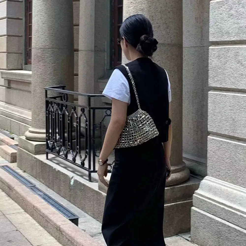 

Fashion Bling Sparkling Shoulder Bags Crystal Handmade Beaded Knitted Melon Seed Bag Handbag Underarm Bag Silver Shiny Bag 가방
