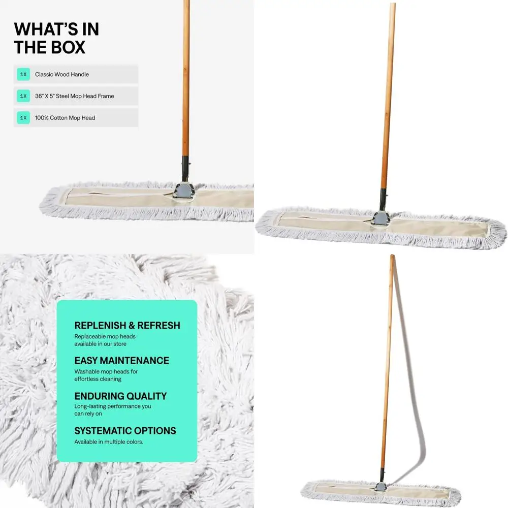 

36 Cotton Dust Mop with Wooden Handle for Hardwood Floors, Industrial Floor Sweeper for Janitorial Cleaning