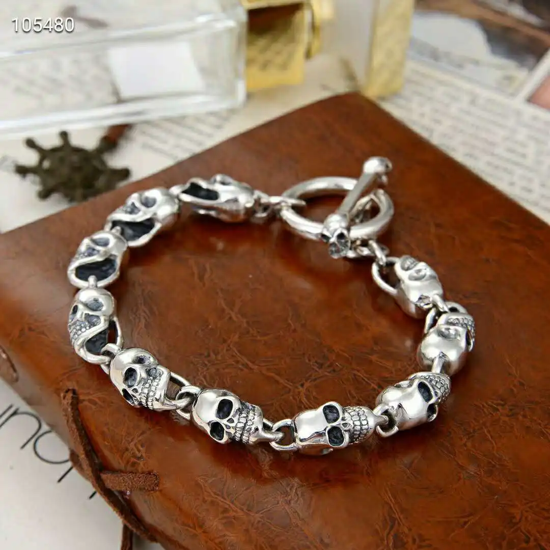 S925 Sterling Silver Punk Unisex Skull Punk Tank Bracelet Thai Silver Retro Trendy Smooth Faced Insert Buckle Silver Chain