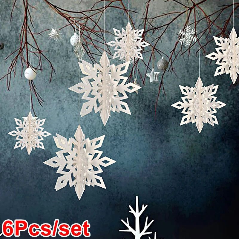 6Pcs 3D Artificial Snowflakes Paper Garland Banner Christmas for Home Winter Birthday Party Fake Snow New Year Ornaments