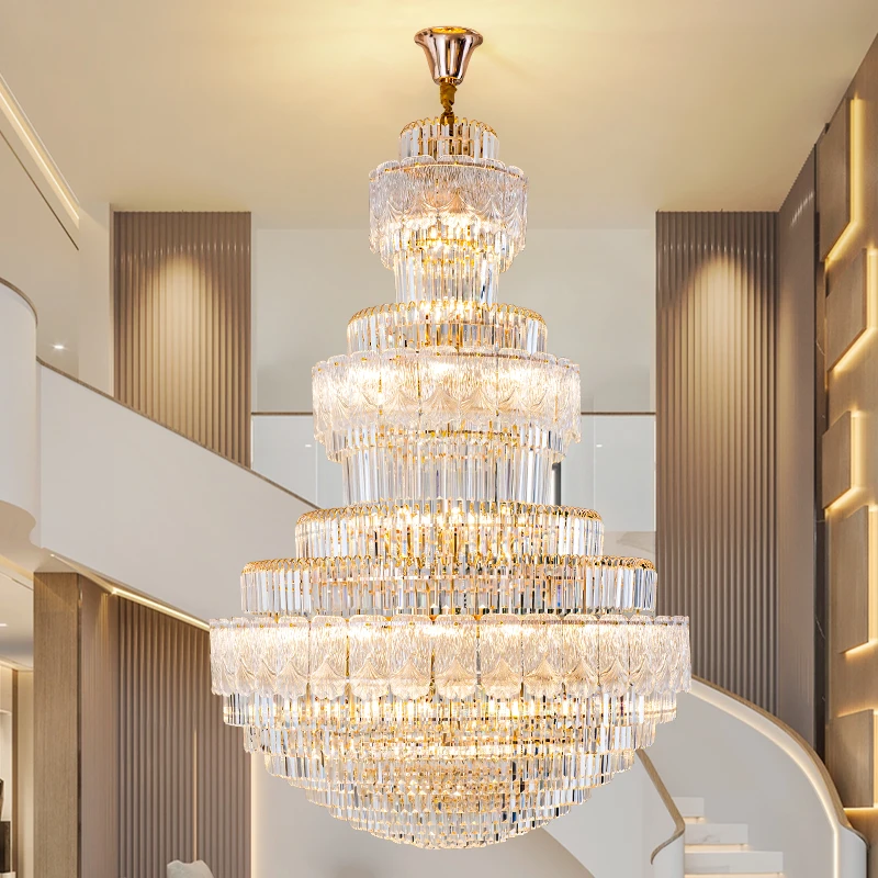 

Light Luxury Duplex Loft Lift Empty Living Room Crystal Chandelier Villa Building Middle Floor Hall Light Hotel Lobby Stair