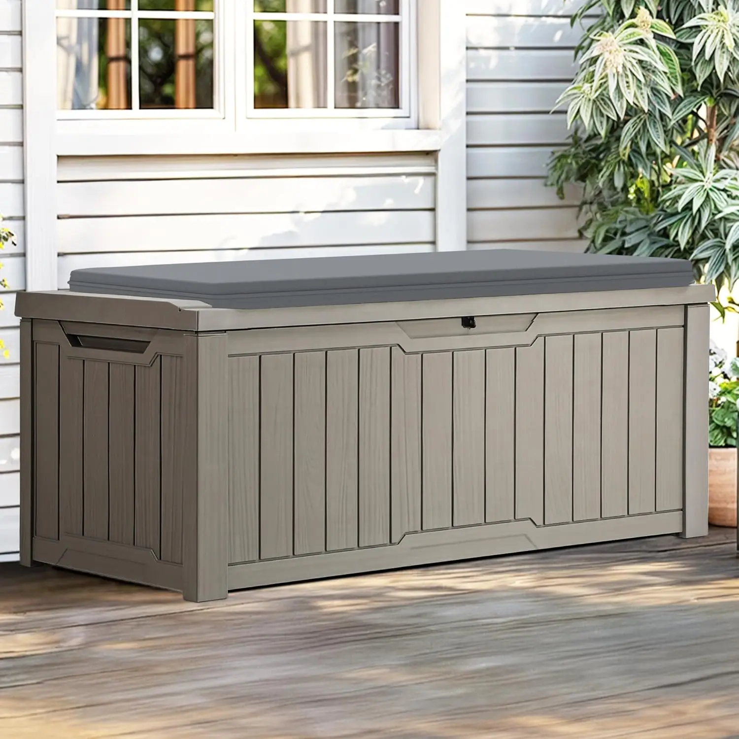 

Storage Box with Cushion, 120 Gallon Waterproof Deck Box for Garden Tools, Patio Cushions, and Pool Accessories, Lockable