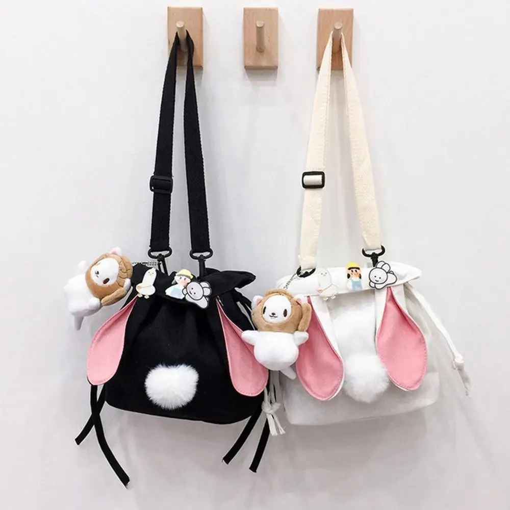 Fashion Women Canvas Crossbody Bags Female Cute Rabbit Shoulder Messenger Bag Drawstring Bucket Bag Handbags