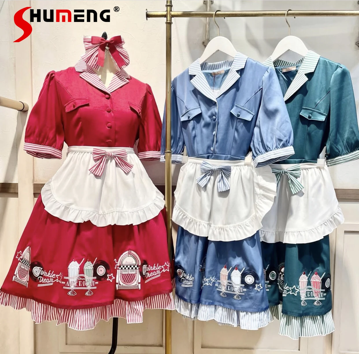 

Japanese Sweet Cute Maid Style Heavy Industry Embroidery V-neck Puff Sleeve High Waist Stripe A-line Short Dress Women Add Apron