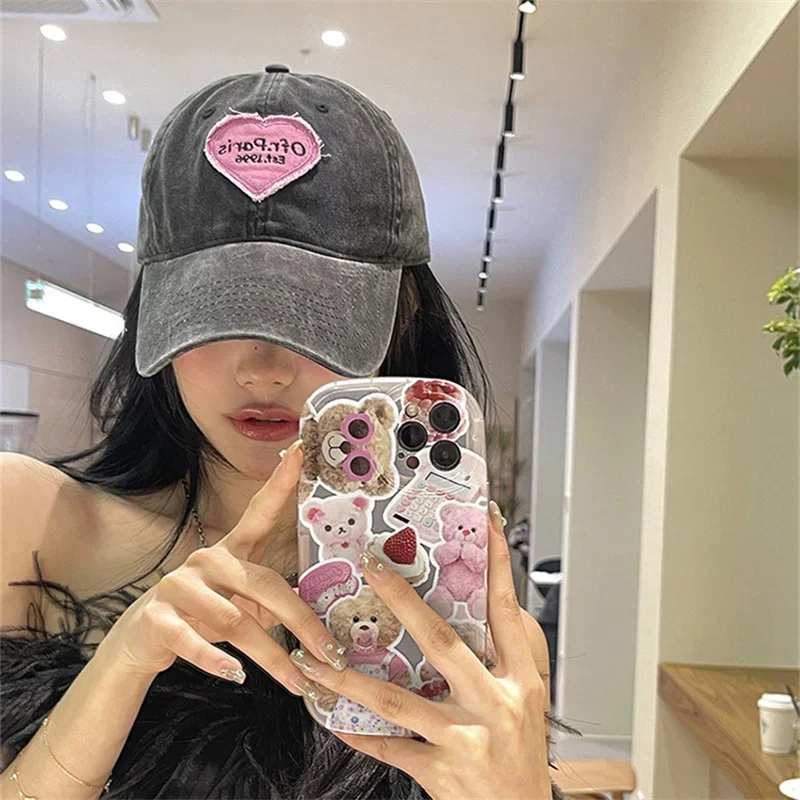 الربيع الصيف غسلها القطن قبعة رسالة مطرزة الخوخ القلب قبعة بيسبول عارضة النسخة الكورية رقيقة زوجين لينة أعلى بطة القبعات #3