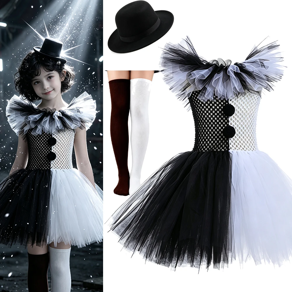 The Clown Costume Girl Black White Fancy Tutu Dress Horror Joker Dress for Kids Halloween Carnival Party Cosplay Costumes