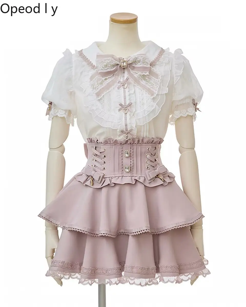 

Liz New Japanese Original Lolita Mass- Produced Long-sleeved Shirt Sweet Cute Women's Short Sleeve Doll Collar Lace Bow Shirt