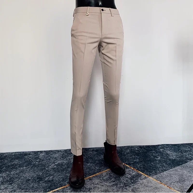 Mens Khaki Formal Suit Pants High Quality Solid Color Business Fashion Casual Slim Fit Ankle Trouser Mens Clothing Dress Pants