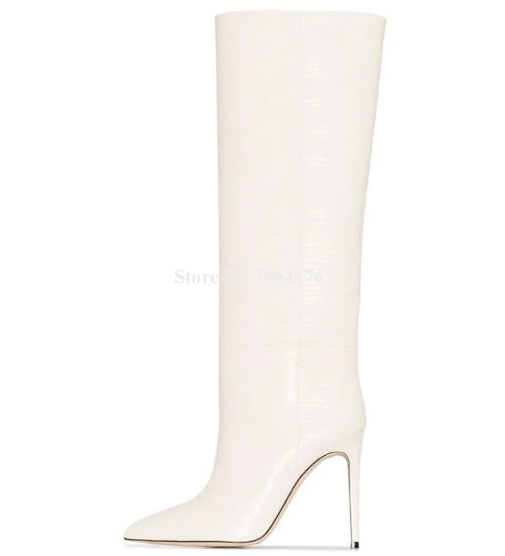 Elegant White Black Green Wine Red Pattern Leather Stiletto Heel Knee High Boots Pointed Toe Slip-on Thin Heel Long Boots