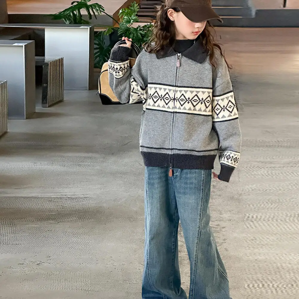 

Kawaii Girl Fashion Lapel Zip-Up Jacket Sweater Student Spring and Autumn Cartoon Casual Knitwear Tops Children's Clothing New