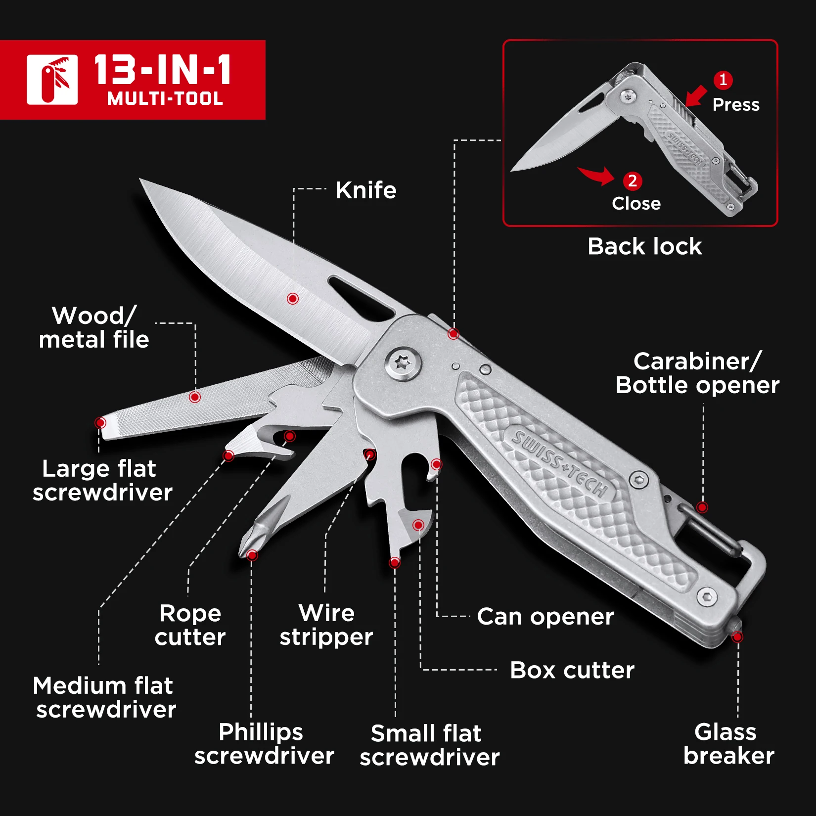 SWISS TECH 13 in 1 Multifunctional Folding Knife Stainless Steel Pocket Mini Portable Knife Outdoor Camping Emergency Tool