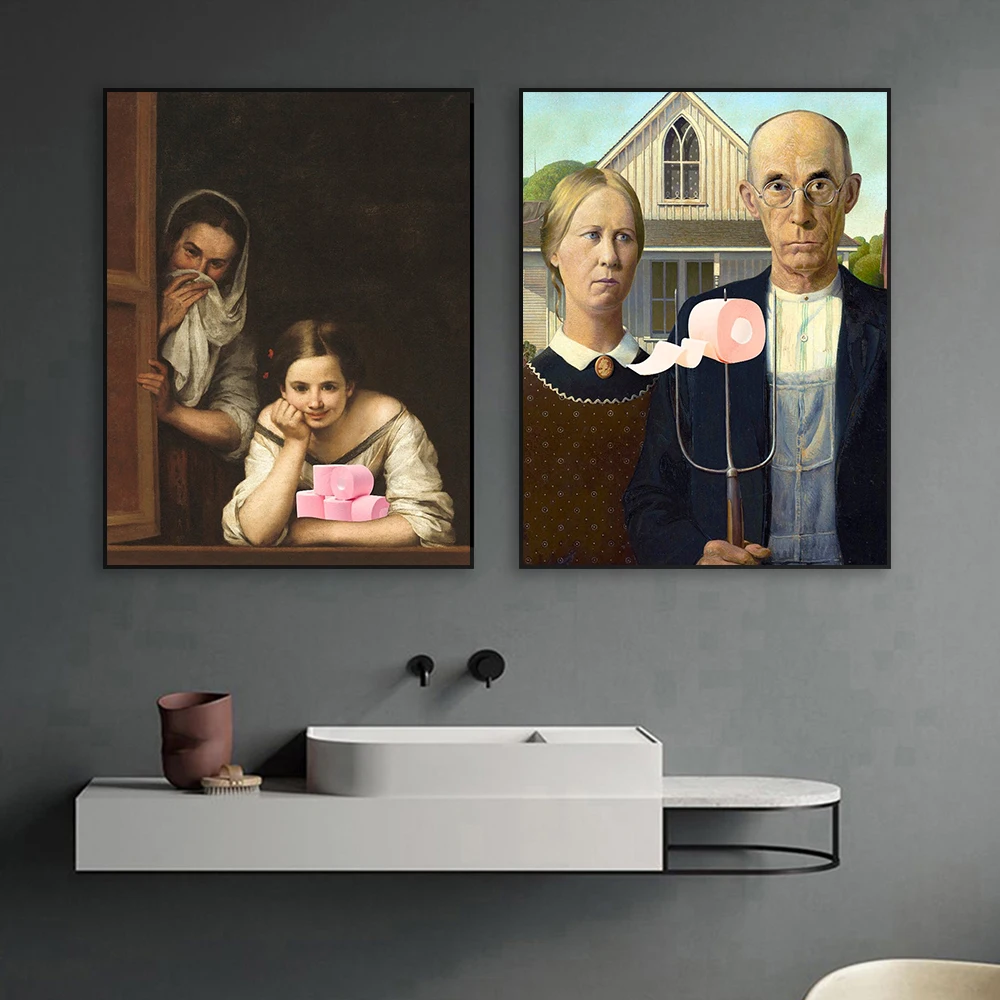 American Gothic Toilet Wall Art Posters Funny Venus With Toilet Paper Canvas Painting Altered Renaissance Art Print Toilet Decor