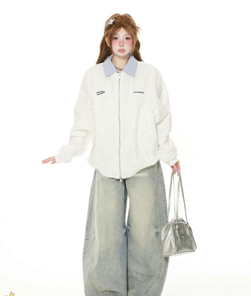 American-style Casual White Fashion Stripe Lapel Stitching Jacket for Women 2026 Autumn New Style Loose Flight Jacket