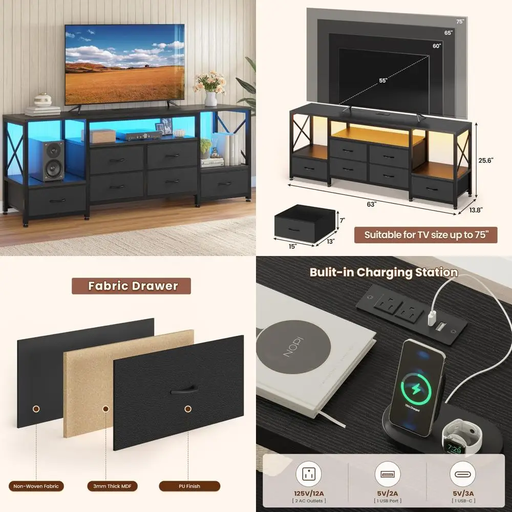 75 Inch TV Stand Entertainment Center with LED Lights and Power Outlets, Industrial Style 63 TV Console Table with 6 PU Drawers