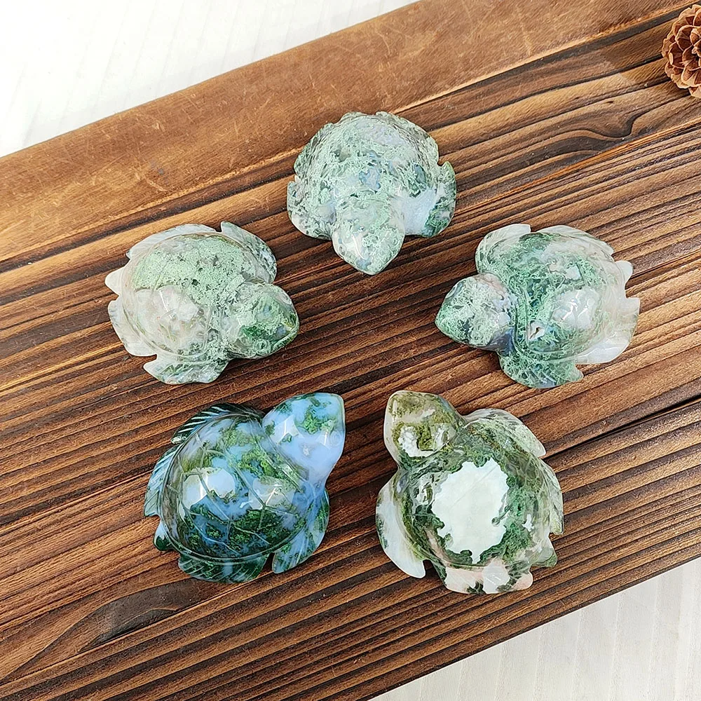 Natural Crystal Moss Agate Handmade Carved Sea Turtle Polished Animal Powerful Statue Home Decor Reiki Quartz Crafts Gift 1PCS