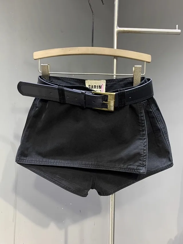 

Sexy Black Denim Shorts Women 2025 Summer New Fashion Fake Two-piece Jean Shorts American Spice Girl A-shaped Wide Leg Pants