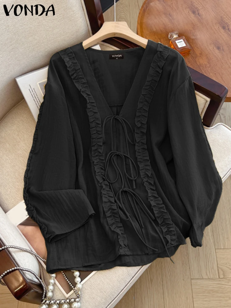 VONDA 커버업 여성용 롱 가디건 2025 패션 레이스업 긴 소매 쉬폰 셔츠 캐주얼 루즈 시스루 빈티지 비치 탑