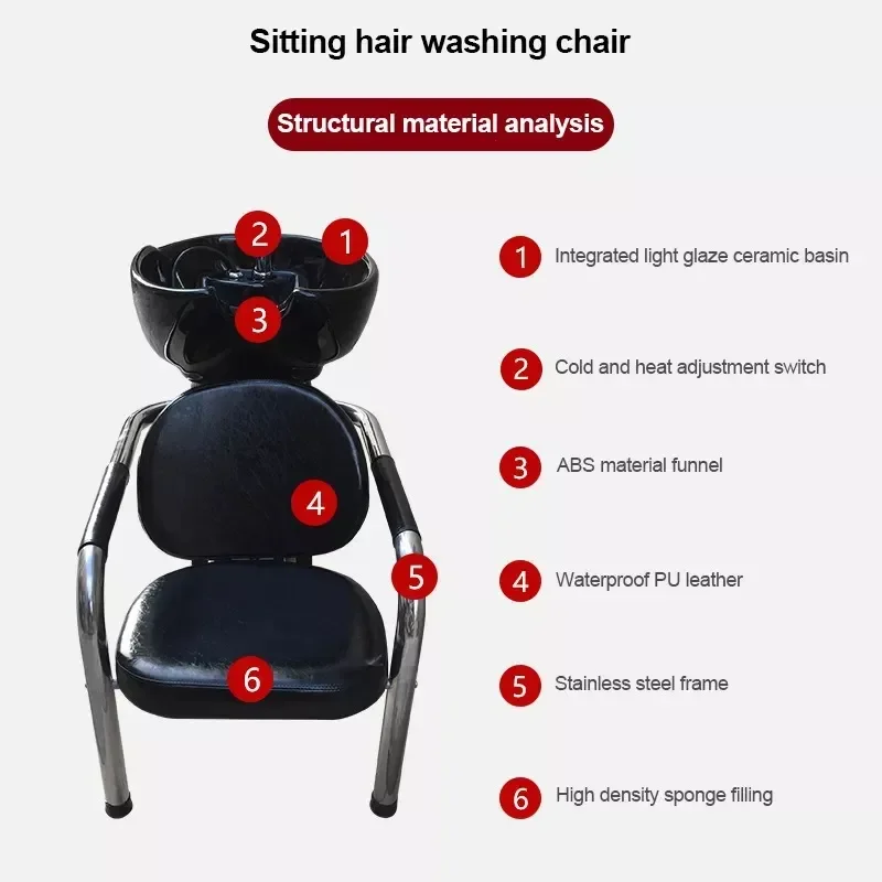 Semi Reclining Shampoo Bed for Hair Salon Barber Shop Leather Wash Station with Flush System Professional Beauty Equipment