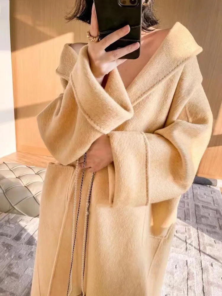 LANMREM Double-sided Wool Coat Lapel Long Solid Color Loose Luxury High End Belt Coats Female 2024 Spring Winter New 2R4718