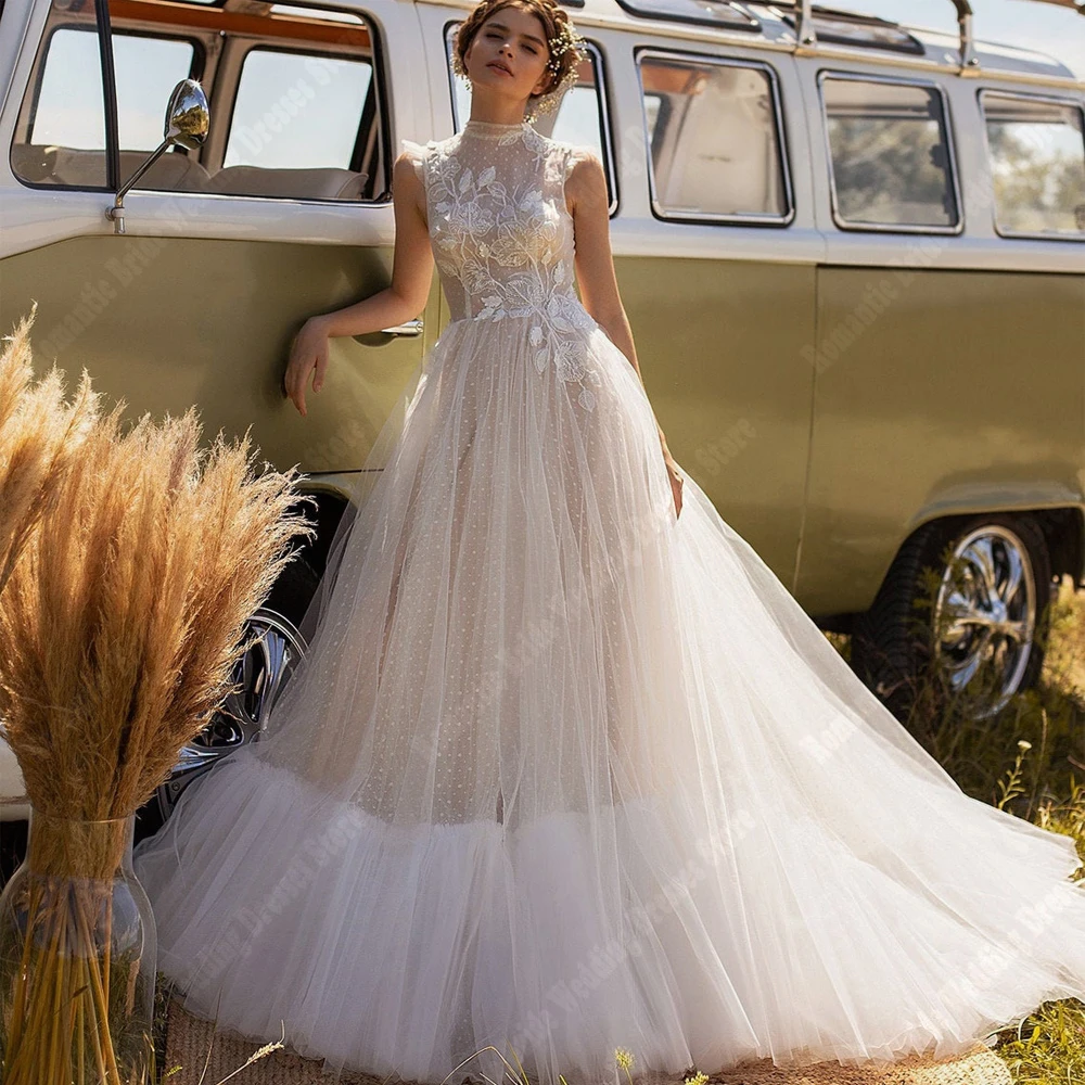 Vestidos De novia bohemios De tul para mujer, línea A, elegantes Vestidos De novia con Apliques De encaje, transparentes, Vestidos De compromiso