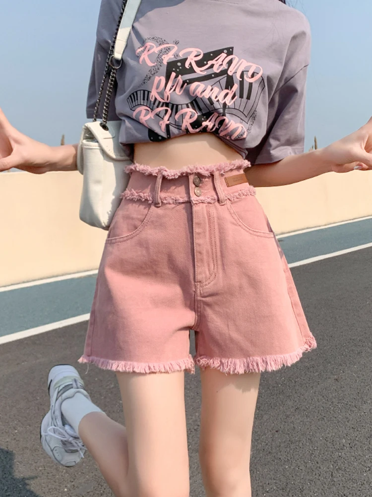Flash borda rosa denim shorts para mulheres verão fino retro cintura alta magro solto pernas largas a linha picante menina peludo cowbody calças