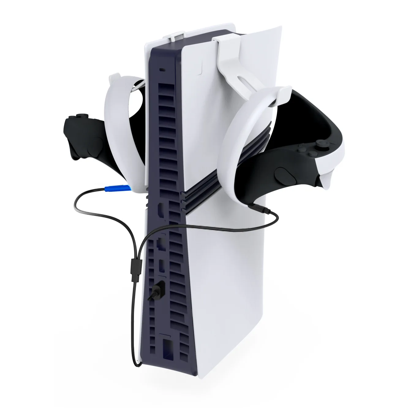 Conjunto de carregamento e armazenamento para dois comandos PSVR2, suporte para armazenar os comandos PS5 e fones de ouvido, com conjunto de cabos de carregamento.