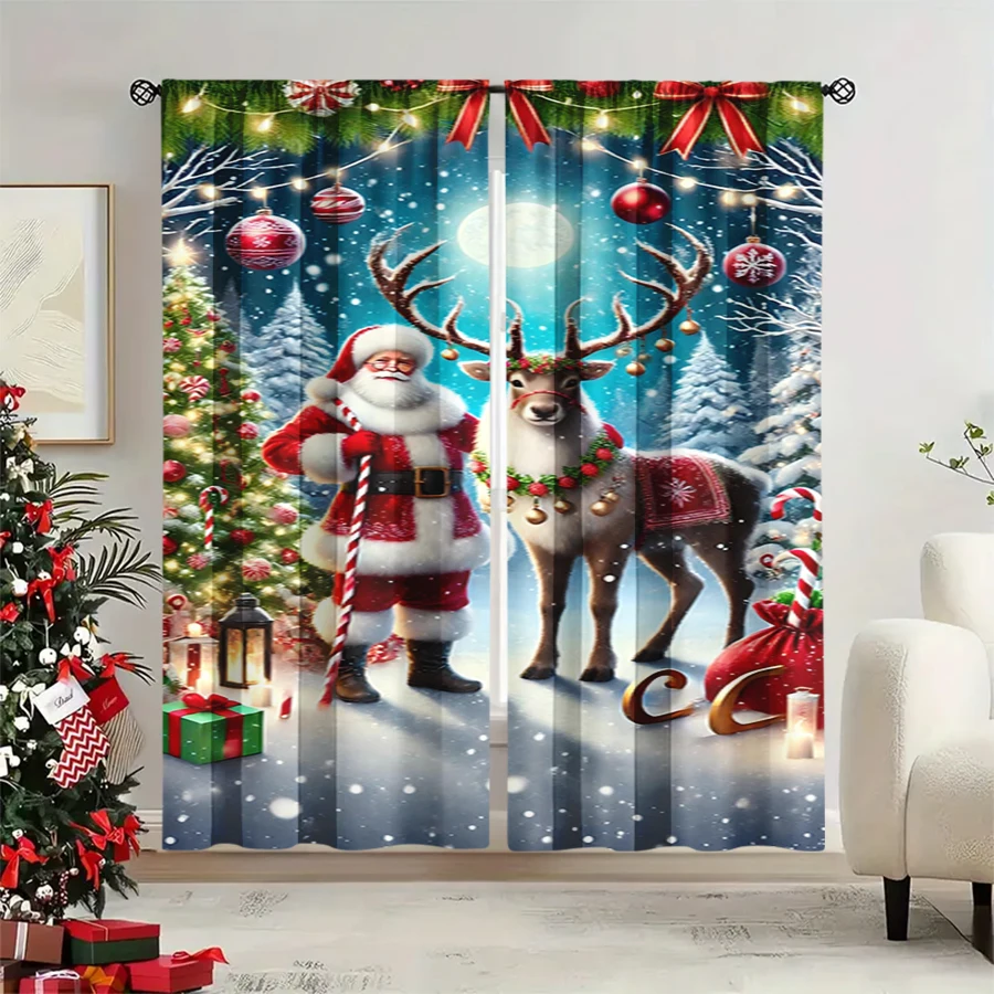 2PCS Christmas Winter Curtains, Santa Reindeer Snow Tree Light Ball Gift, Digital Print, Bedroom Living Room, Home Decor