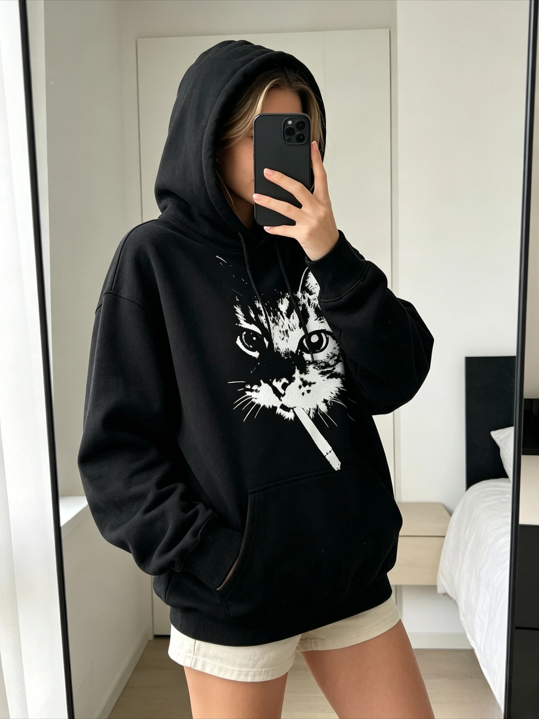 Grunge Cat Portrait Print Pullover Hoodie Drawstring Hood Kangaroo Pocket Loose Fit Black Long Sleeve Casual Sweatshirt Top