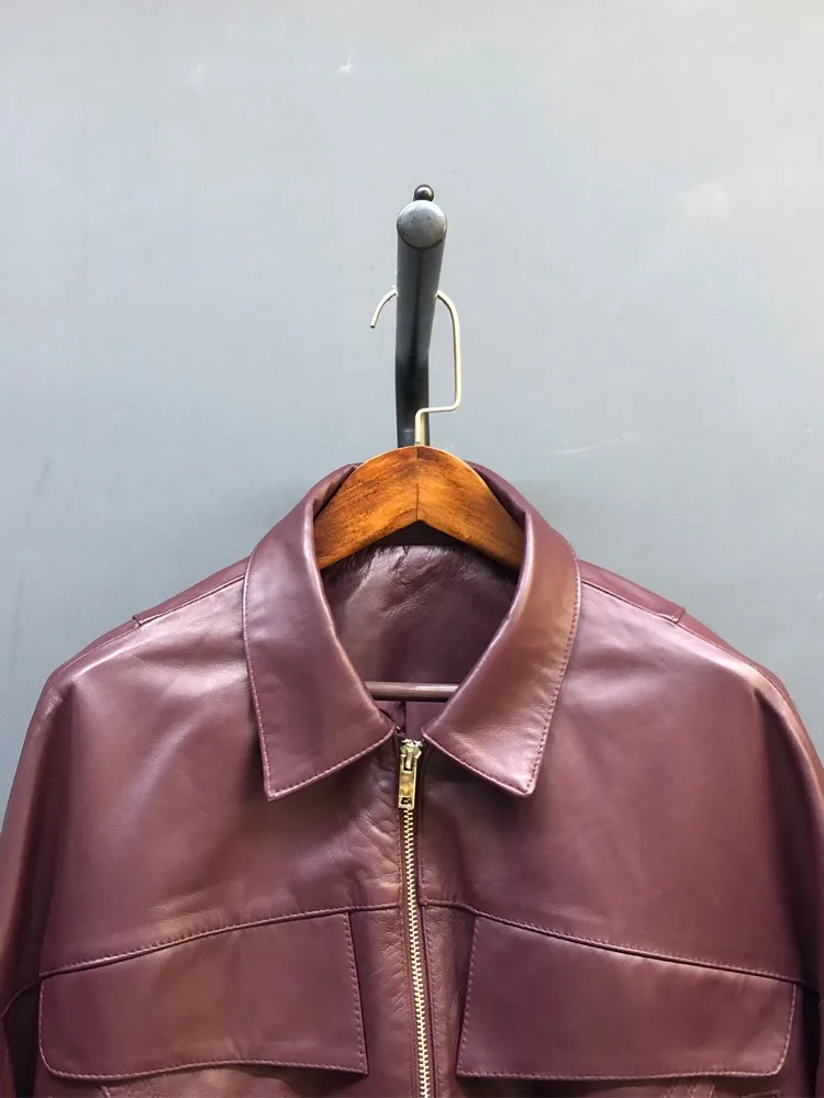 مكتب أنثى بلون التلبيب سترة جلدية حقيقية فضفاضة طويلة الأكمام جيب جلد الغنم مرونة الخصر ملابس خارجية عالية الجودة