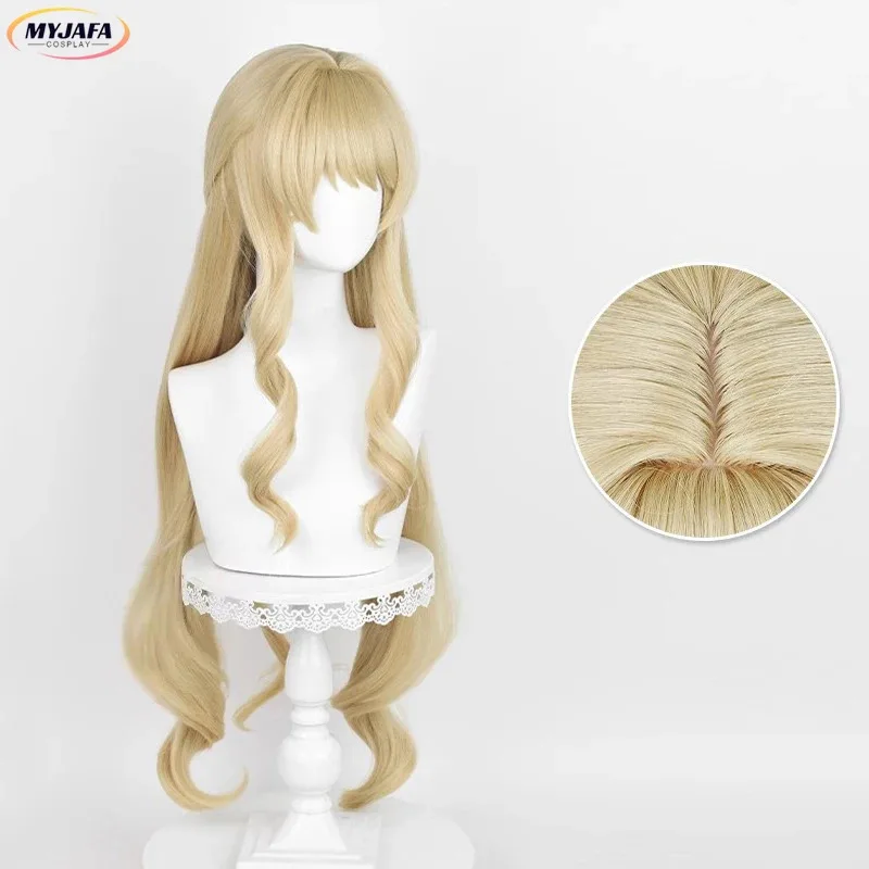 zz04zz12Navia Cosplay Game Fontaine Navia Long Linen Gold Curly Heat Resistant Synthetic Hair Role Play Wigs + Wig Cap