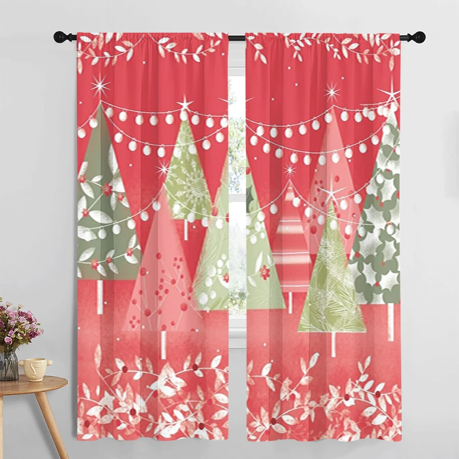 2PCS Christmas Curtains, Retro Geometric Trees String Lights Red Berries, Digital Print, for Holiday Living Room Window Decor