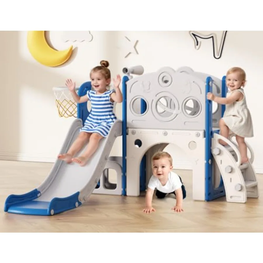 

Toddler Slide 8 in 1 Slide with Basketball Hoop Telescope and Climber Baby Slide Toddler Playground Indoor Outdoor Playset for